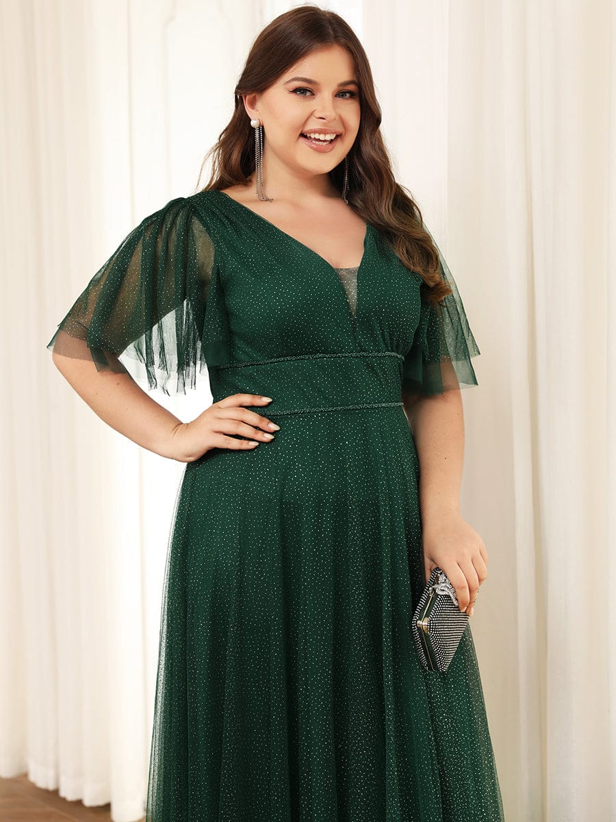 MsDresslyEP Plus Formal Dress Plus Size V Neck Tulle Formal Evening Dress with Ruffle Sleeves