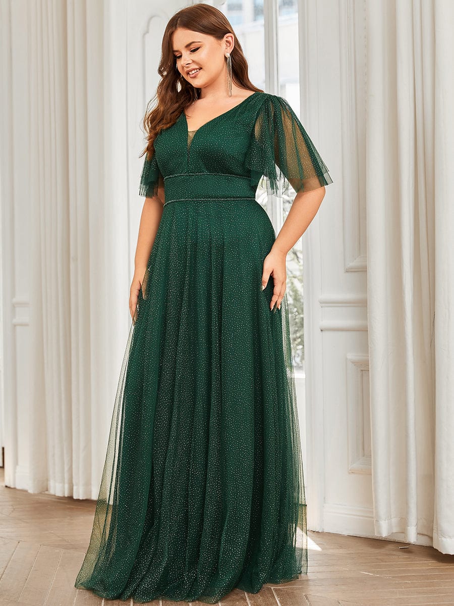 MsDresslyEP Plus Formal Dress Plus Size V Neck Tulle Formal Evening Dress with Ruffle Sleeves