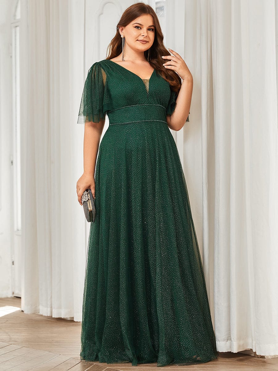 MsDresslyEP Plus Formal Dress Plus Size V Neck Tulle Formal Evening Dress with Ruffle Sleeves