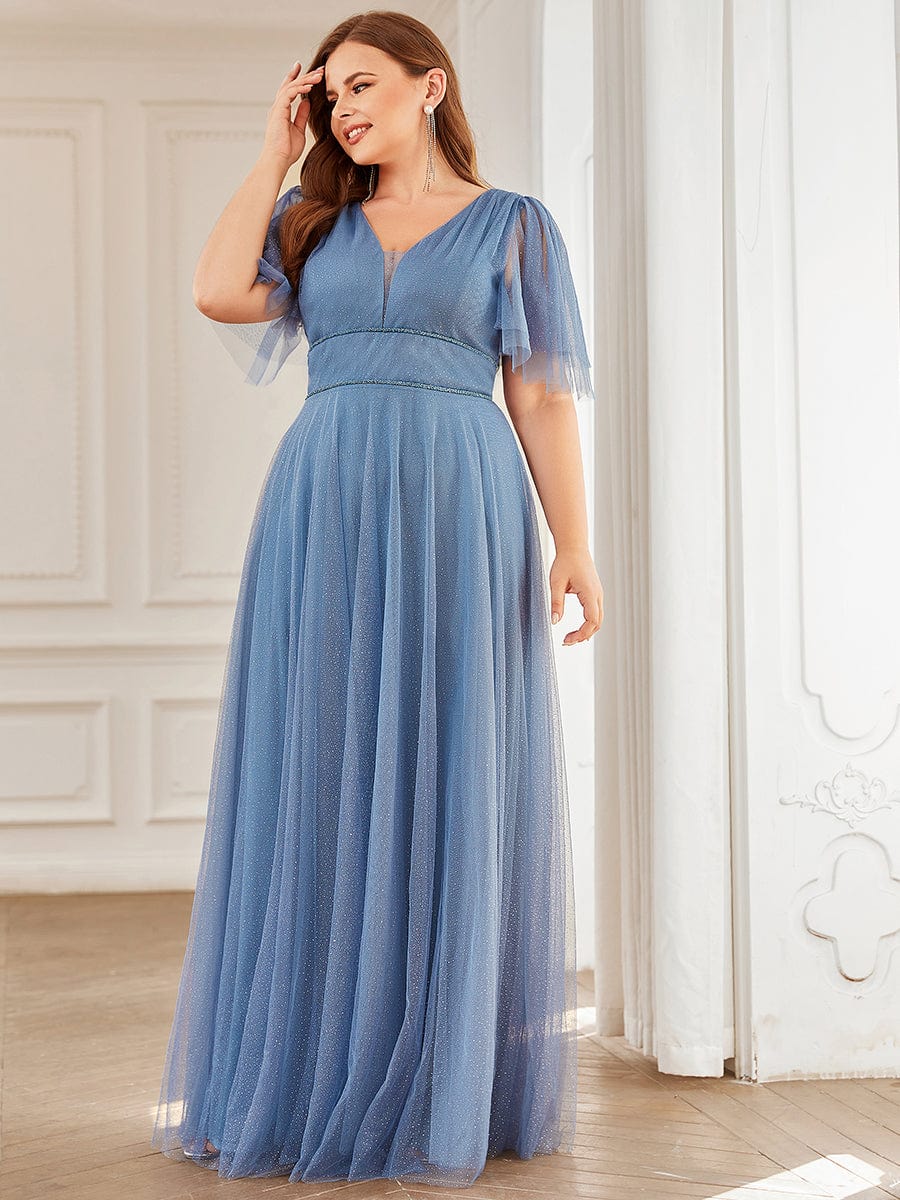 MsDresslyEP Plus Formal Dress Plus Size V Neck Tulle Formal Evening Dress with Ruffle Sleeves