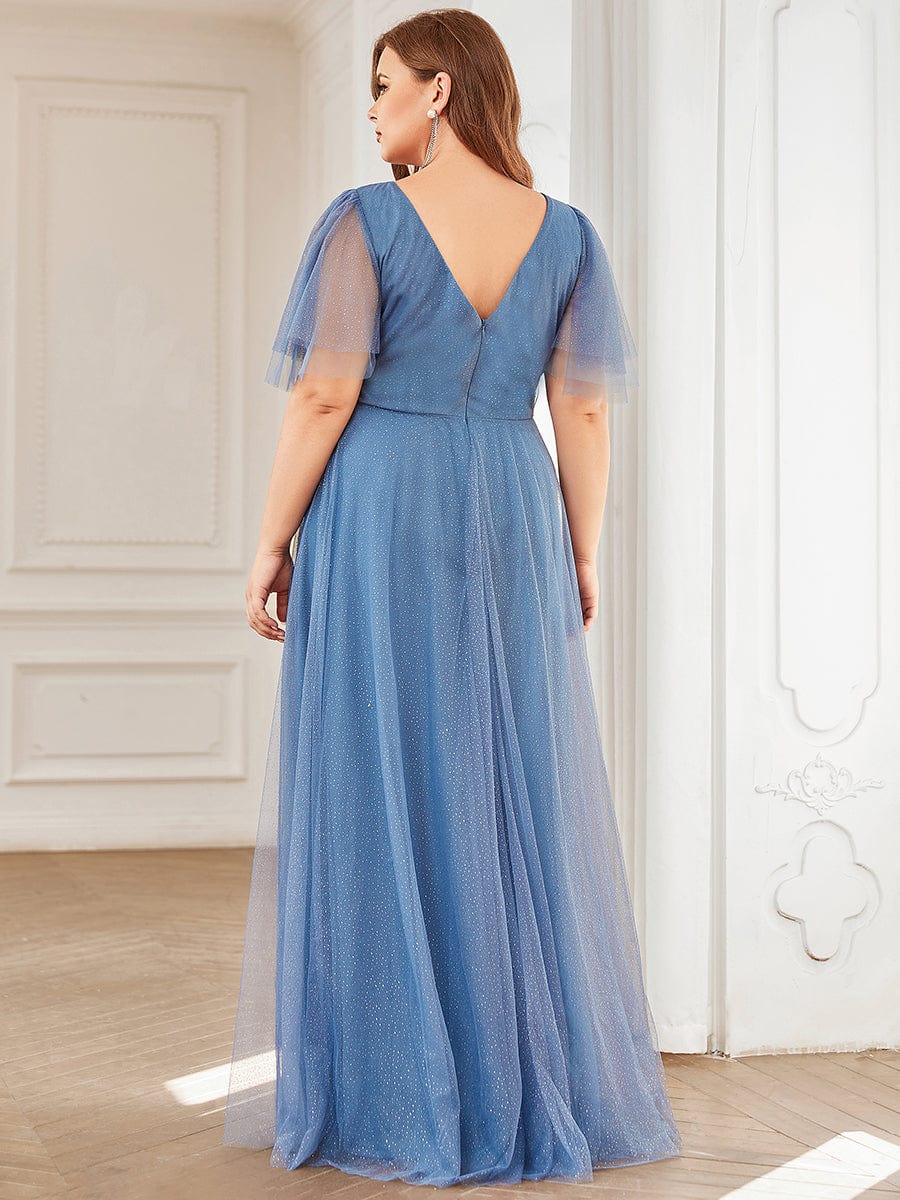 MsDresslyEP Plus Formal Dress Plus Size V Neck Tulle Formal Evening Dress with Ruffle Sleeves