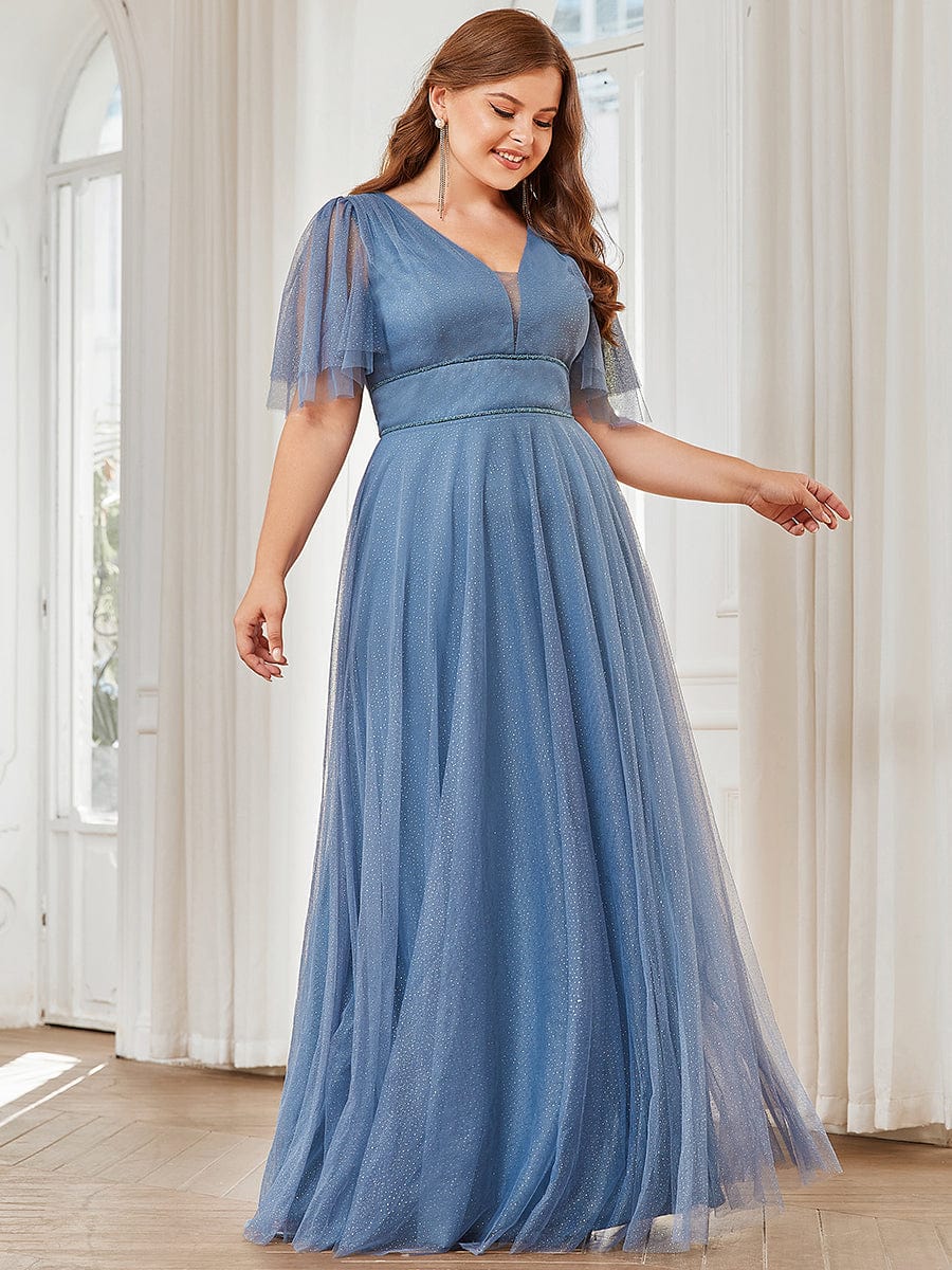MsDresslyEP Plus Formal Dress Plus Size V Neck Tulle Formal Evening Dress with Ruffle Sleeves