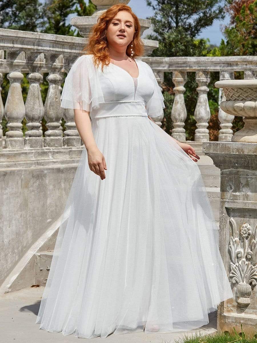 MsDresslyEP Plus Formal Dress Plus Size V Neck Tulle Formal Evening Dress with Ruffle Sleeves