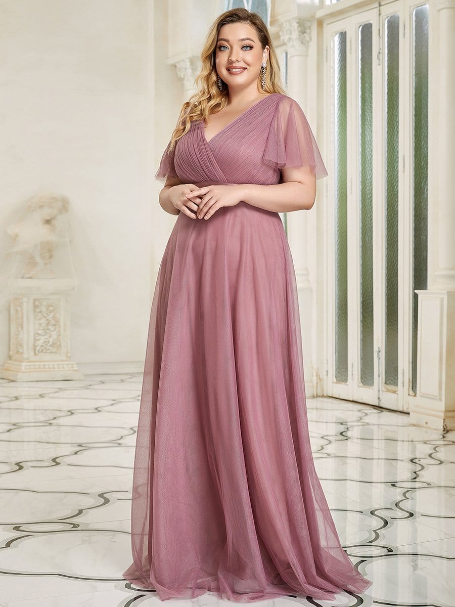 MsDresslyEP Plus Formal Dress Women's Floor-Length Plus Size Formal Bridesmaid Dress with Short Sleeve