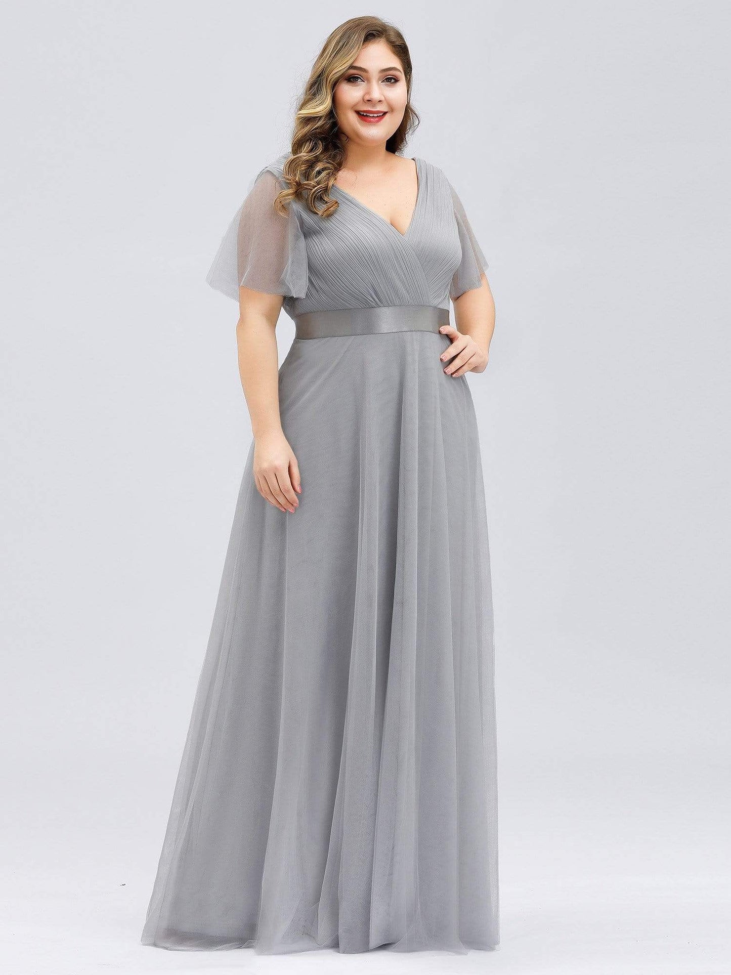MsDresslyEP Plus Formal Dress Women's Floor-Length Plus Size Formal Bridesmaid Dress with Short Sleeve