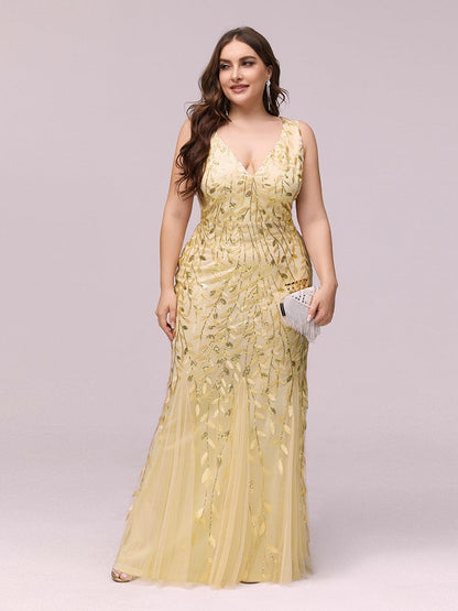 MsDresslyEP Plus Formal Dress Plus Size Double V-Neck Fishtail Sequin Formal Maxi Evening Dress