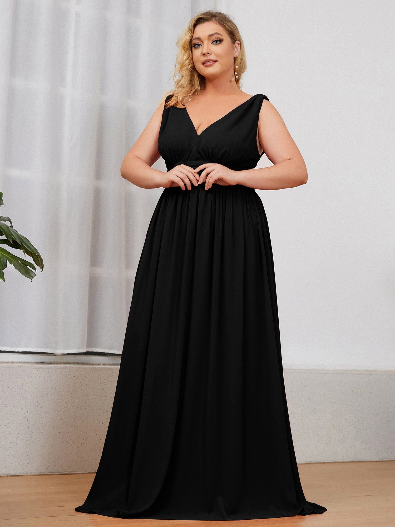 MsDresslyEP Plus Formal Dress Plus Size Sleeveless V-Neck Chiffon Semi Formal Maxi Dress