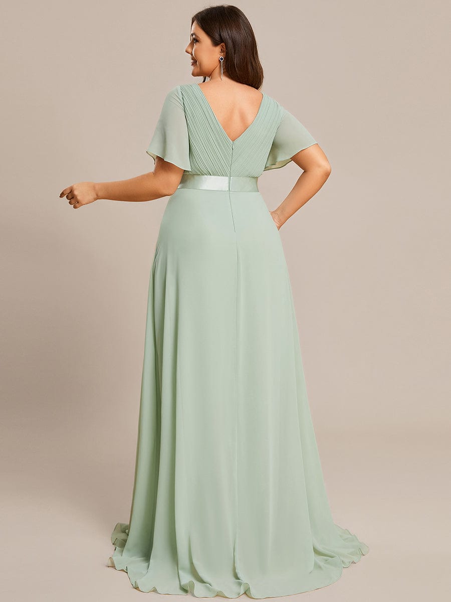 MsDresslyEP Plus Formal Dress Plus Size Empire Waist V Back Bridesmaid Dress with Short Sleeves