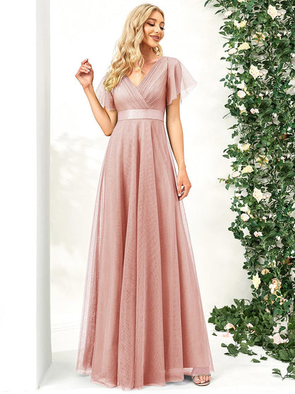MsDresslyEP Formal Dress Double V-Neck Floor-Length Short Sleeve Tulle Bridesmaid Dresses