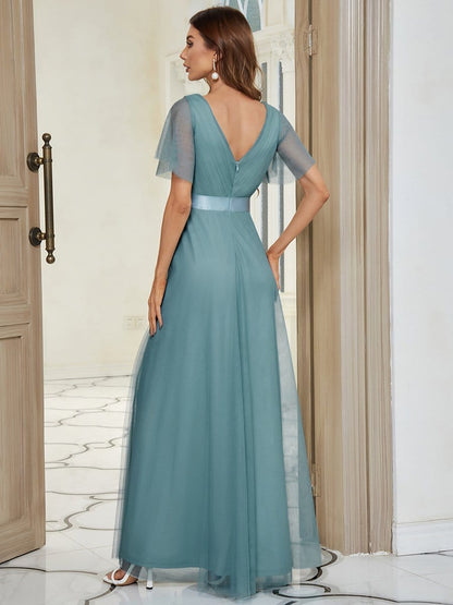 MsDresslyEP Formal Dress Double V-Neck Floor-Length Short Sleeve Tulle Bridesmaid Dresses