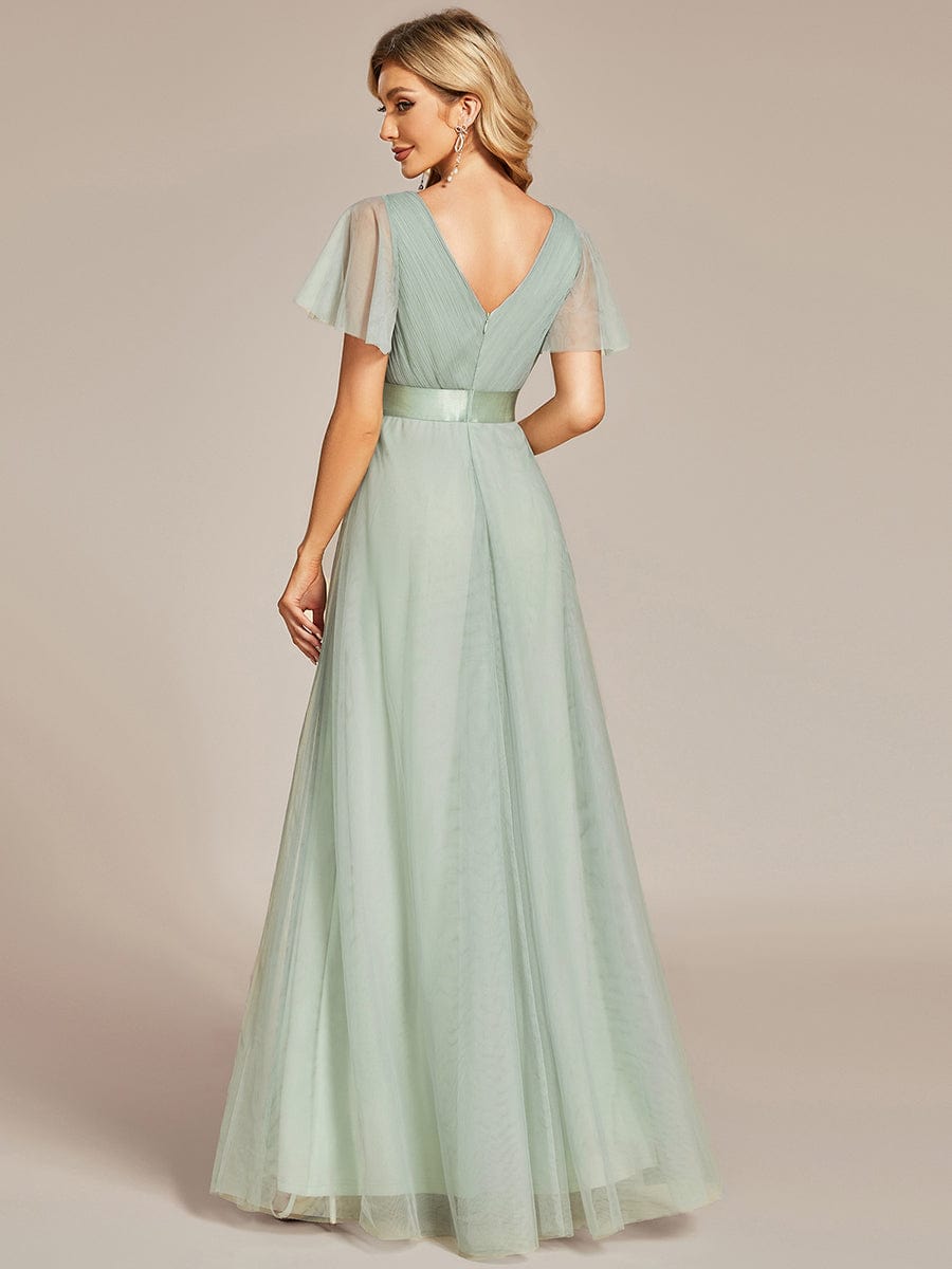 MsDresslyEP Formal Dress Double V-Neck Floor-Length Short Sleeve Tulle Bridesmaid Dresses