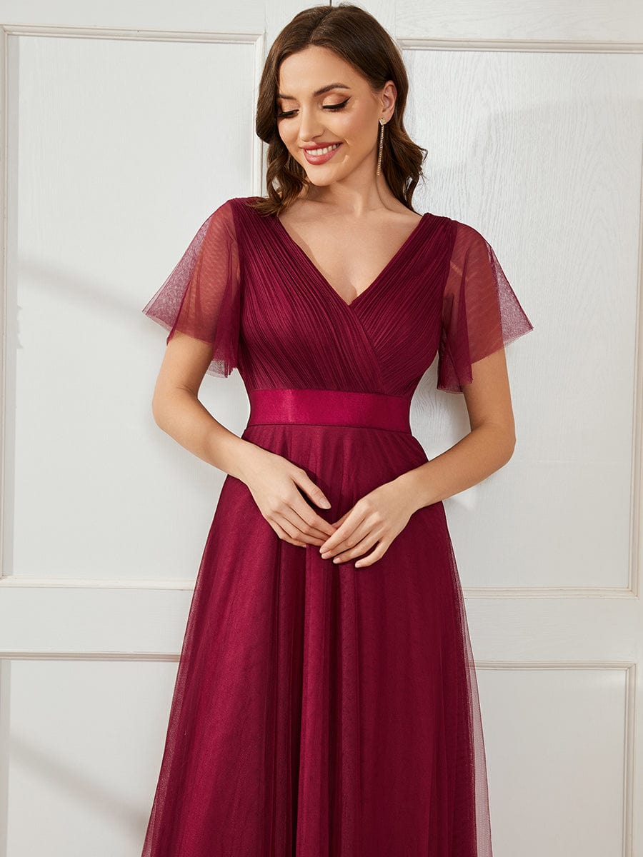 MsDresslyEP Formal Dress Double V-Neck Floor-Length Short Sleeve Tulle Bridesmaid Dresses
