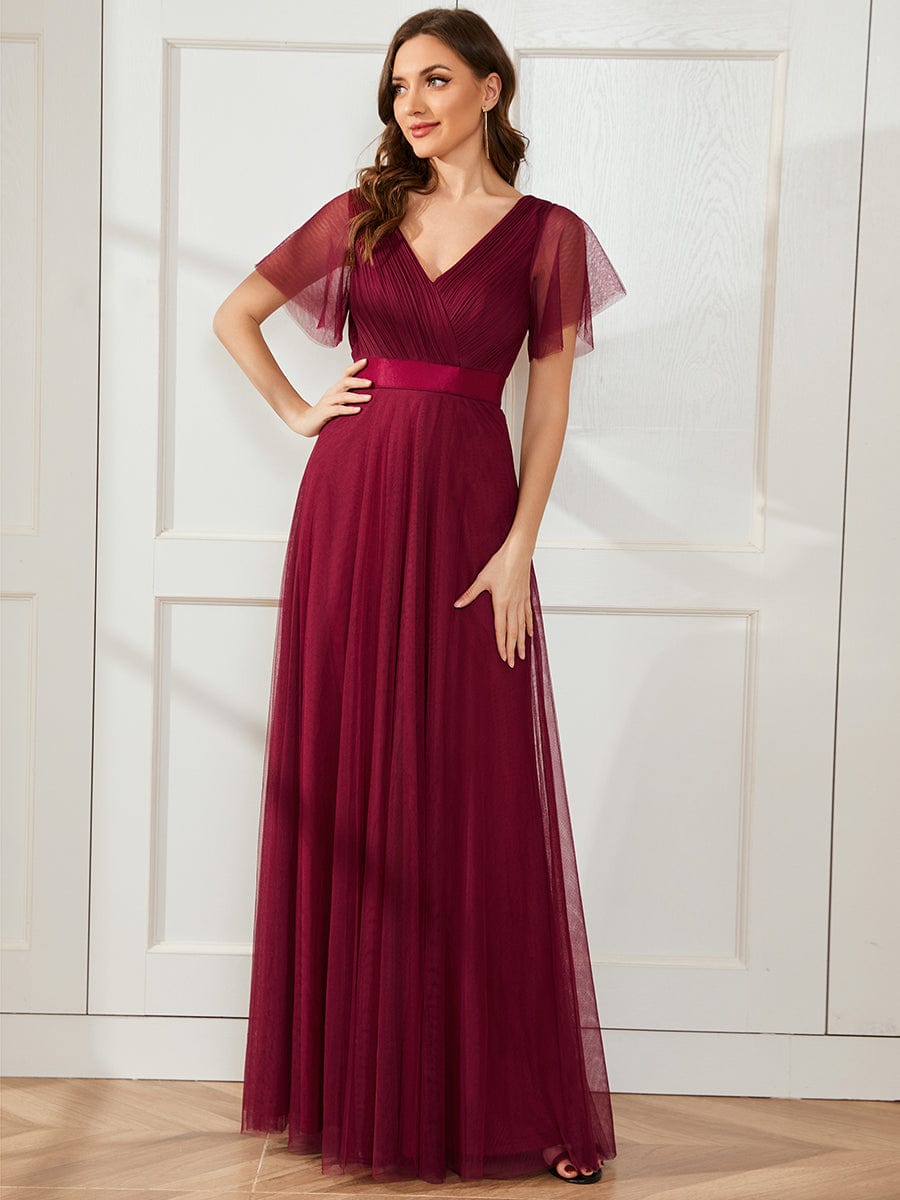 MsDresslyEP Formal Dress Double V-Neck Floor-Length Short Sleeve Tulle Bridesmaid Dresses