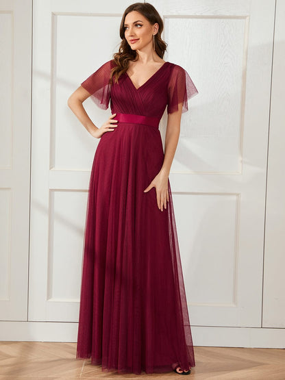 MsDresslyEP Formal Dress Double V-Neck Floor-Length Short Sleeve Tulle Bridesmaid Dresses