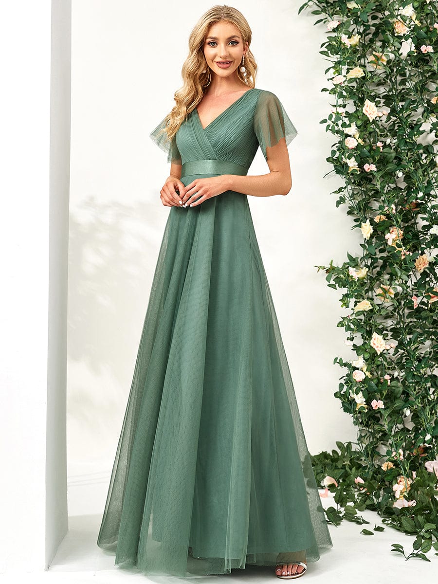 MsDresslyEP Formal Dress Double V-Neck Floor-Length Short Sleeve Tulle Bridesmaid Dresses