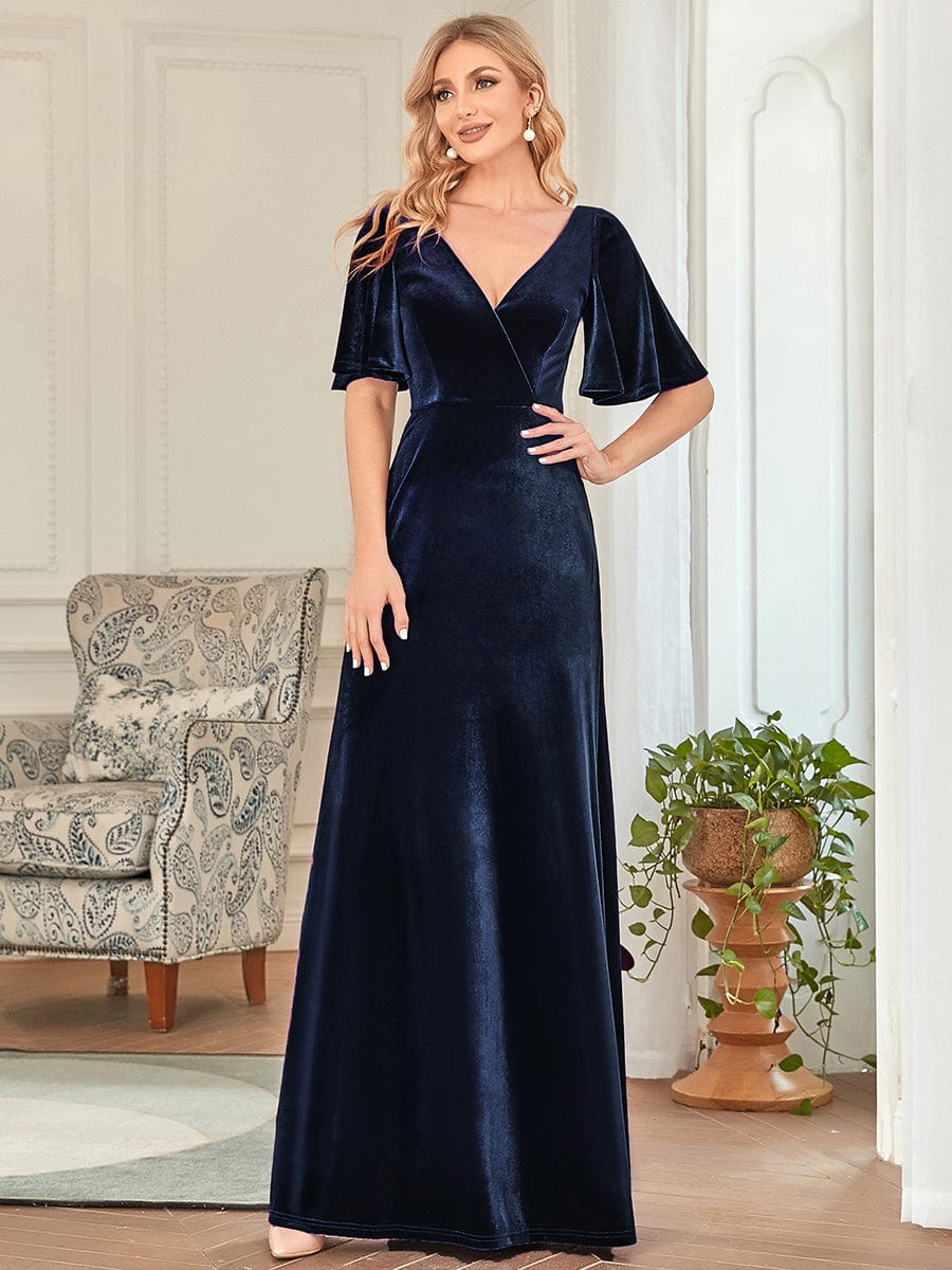 MsDresslyEP Formal Dress Elegant Double V Neck Velvet Party Dress with Sleeves DRE230975061NBY4