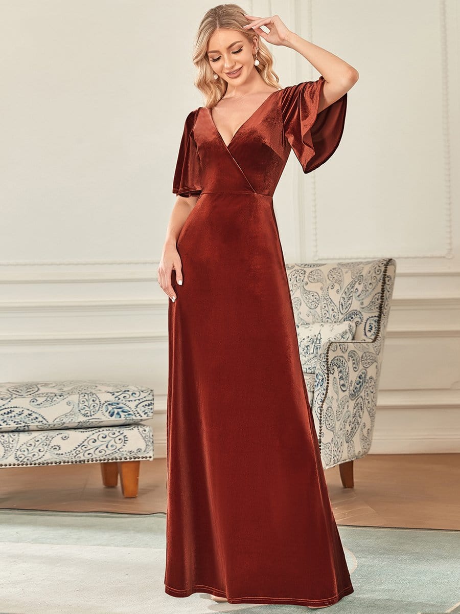 MsDresslyEP Formal Dress Elegant Double V Neck Velvet Party Dress with Sleeves