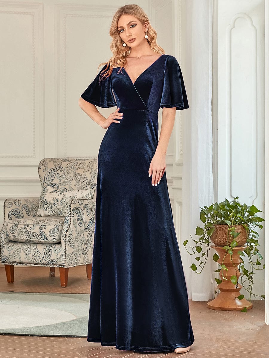 MsDresslyEP Formal Dress Elegant Double V Neck Velvet Party Dress with Sleeves