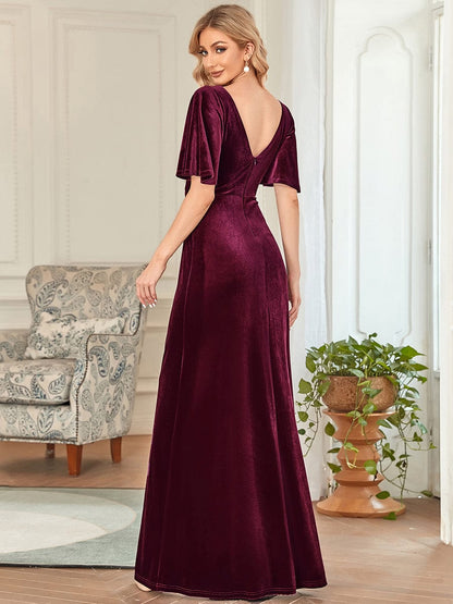 MsDresslyEP Formal Dress Elegant Double V Neck Velvet Party Dress with Sleeves