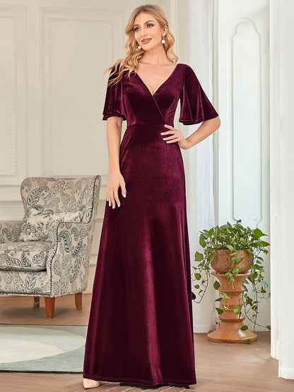 MsDresslyEP Formal Dress Elegant Double V Neck Velvet Party Dress with Sleeves