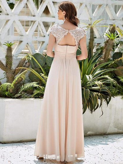 MsDresslyEP Formal Dress Elegant Maxi Long Lace Bridesmaid Dress with Cap Sleeve