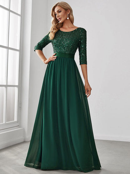 MsDresslyEP Formal Dress Elegant Round Neckline Long Sleeves Sequin Evening Dress DRE230975415DGV4