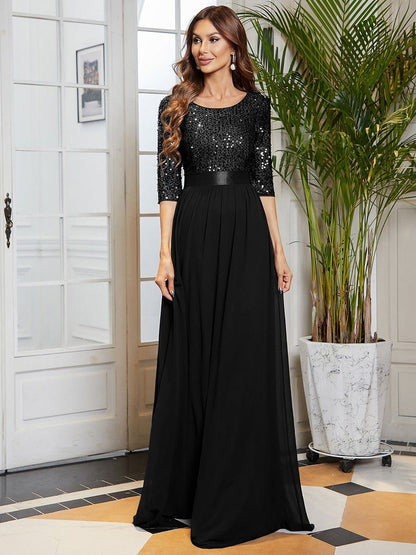 MsDresslyEP Formal Dress Elegant Round Neckline Long Sleeves Sequin Evening Dress DRE230975427BLK4