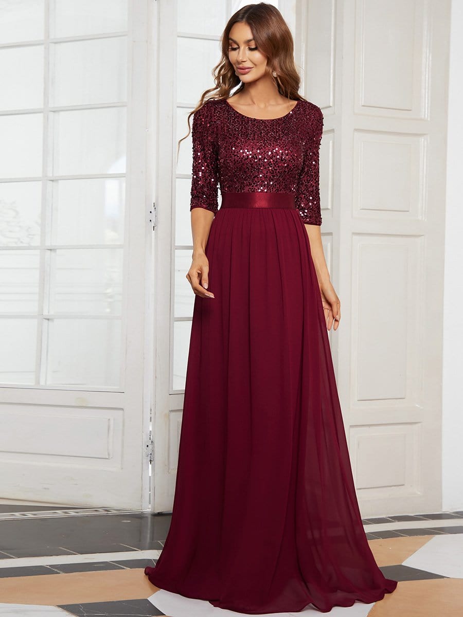 MsDresslyEP Formal Dress Elegant Round Neckline Long Sleeves Sequin Evening Dress DRE230975439BDG4