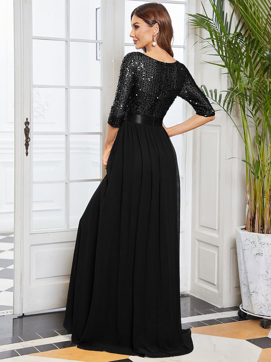 MsDresslyEP Formal Dress Elegant Round Neckline Long Sleeves Sequin Evening Dress