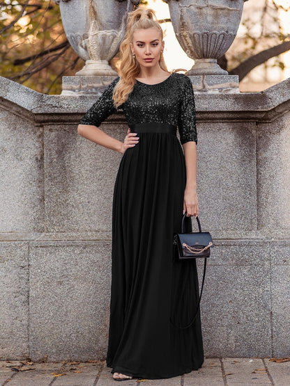 MsDresslyEP Formal Dress Elegant Round Neckline Long Sleeves Sequin Evening Dress