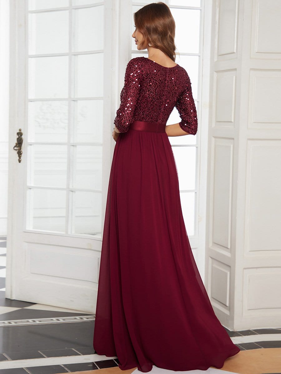 MsDresslyEP Formal Dress Elegant Round Neckline Long Sleeves Sequin Evening Dress