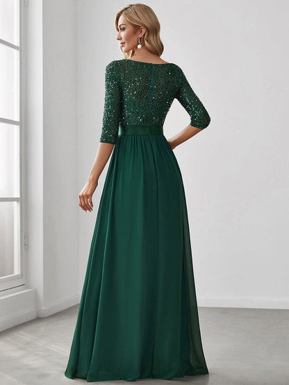 MsDresslyEP Formal Dress Elegant Round Neckline Long Sleeves Sequin Evening Dress