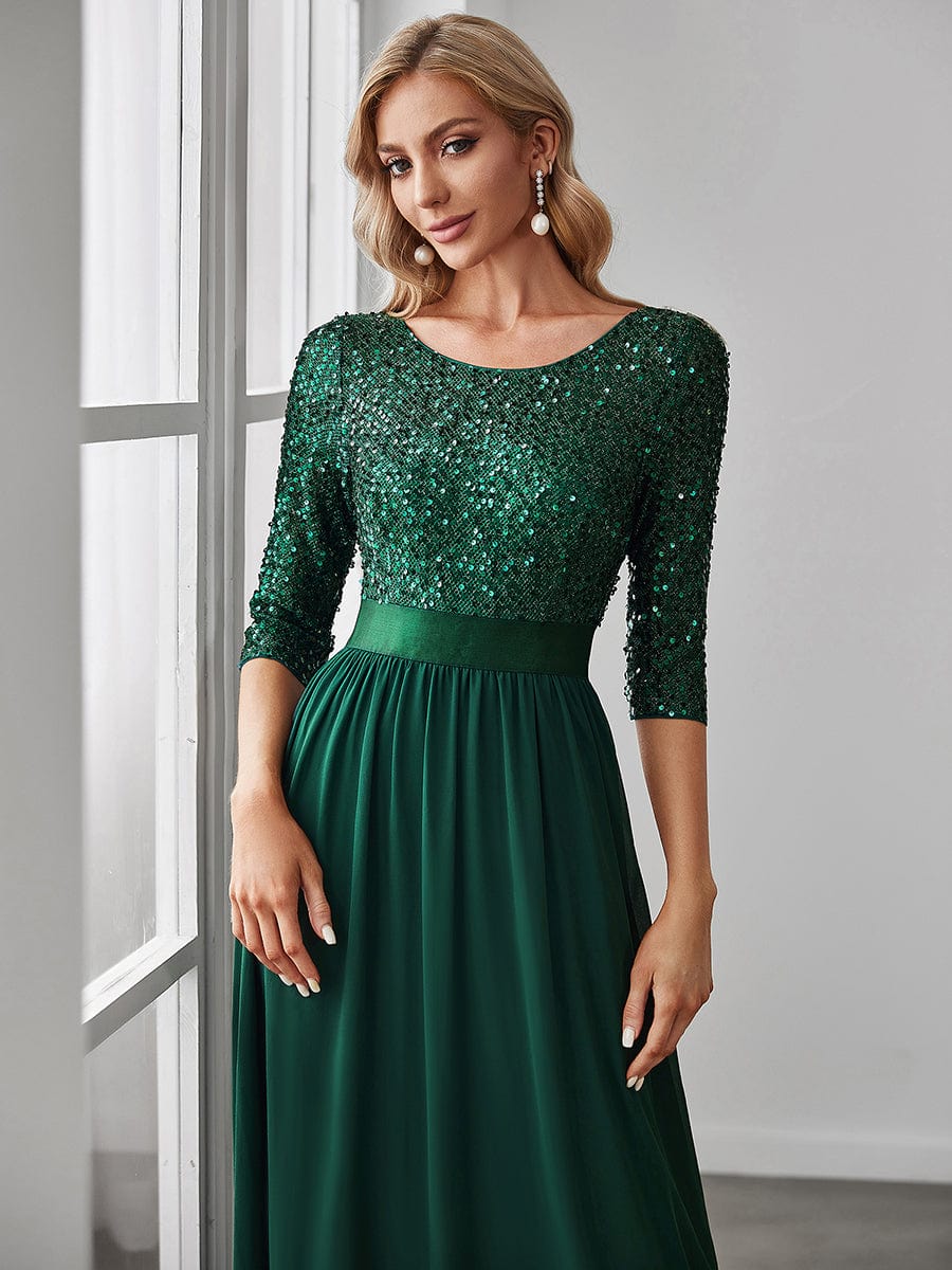 MsDresslyEP Formal Dress Elegant Round Neckline Long Sleeves Sequin Evening Dress