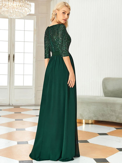 MsDresslyEP Formal Dress Elegant Round Neckline Long Sleeves Sequin Evening Dress