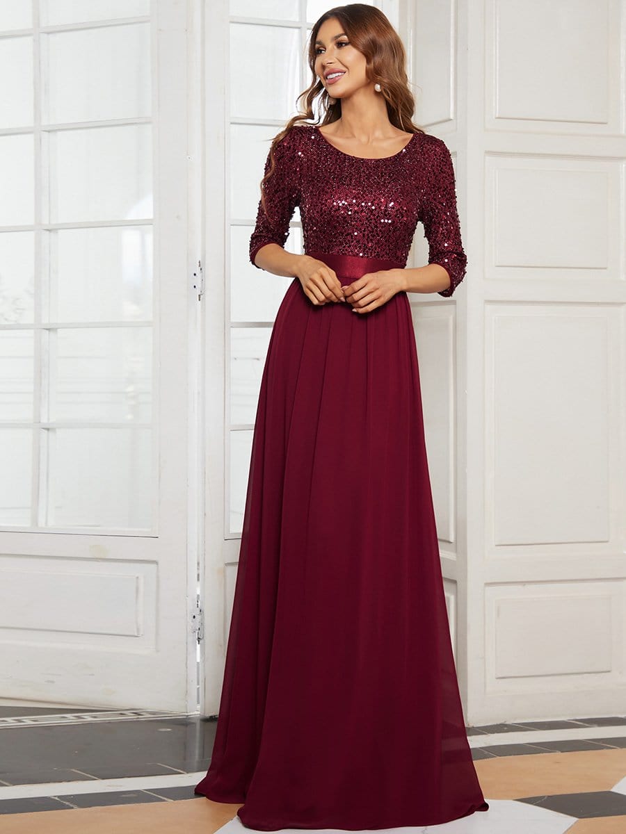 MsDresslyEP Formal Dress Elegant Round Neckline Long Sleeves Sequin Evening Dress