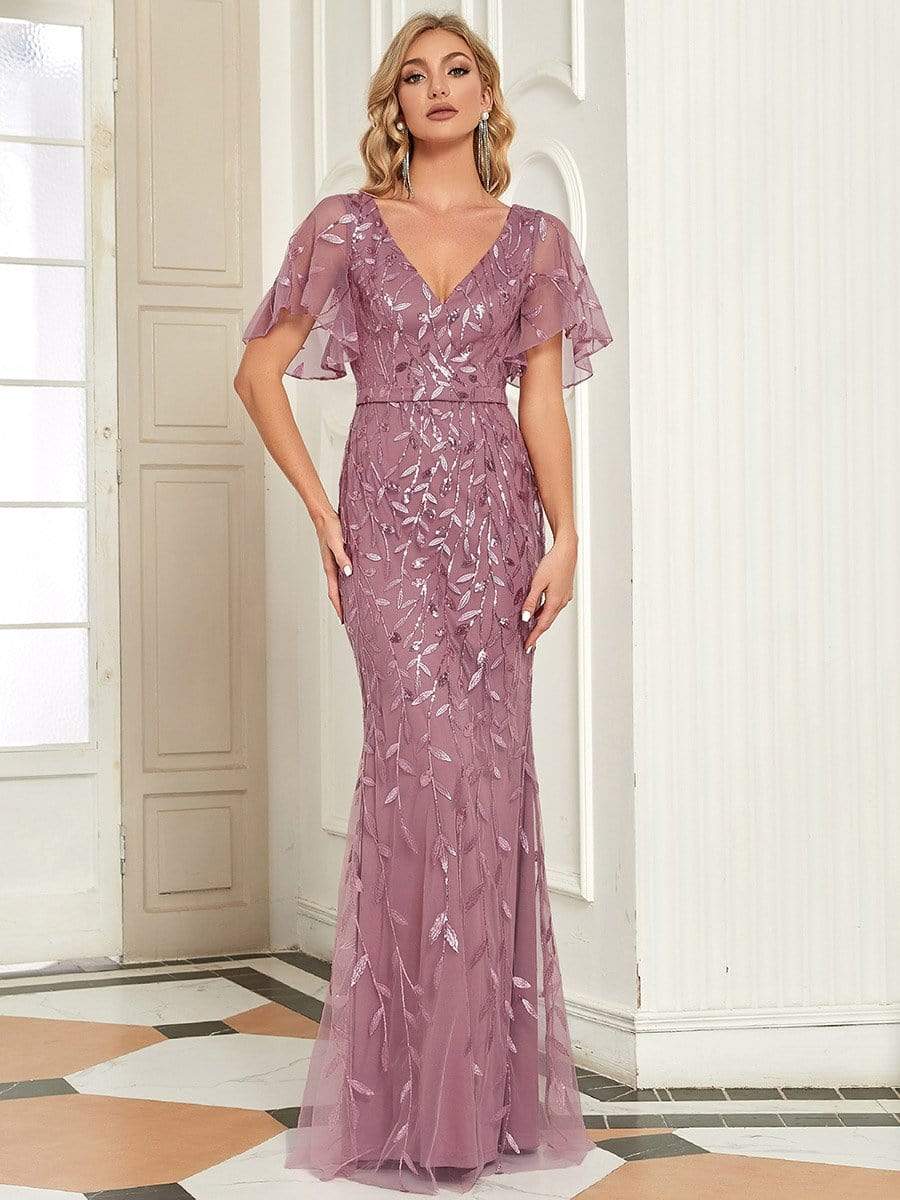 MsDresslyEP Formal Dress Gorgeous V Neck Leaf-Sequined Fishtail Party Dress DRE230978625POH4