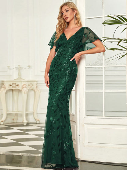 MsDresslyEP Formal Dress Gorgeous V Neck Leaf-Sequined Fishtail Party Dress DRE230978637DGV4