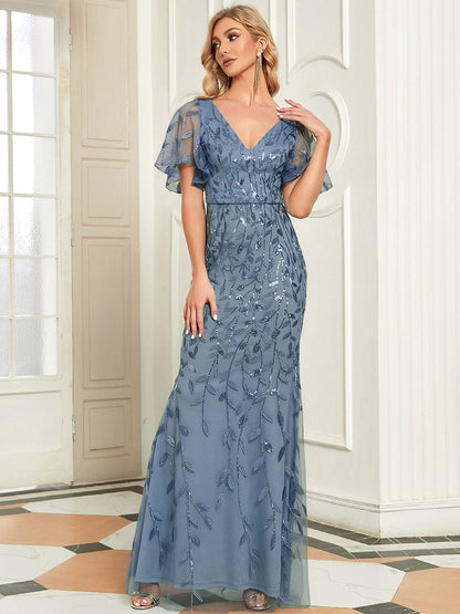MsDresslyEP Formal Dress Gorgeous V Neck Leaf-Sequined Fishtail Party Dress