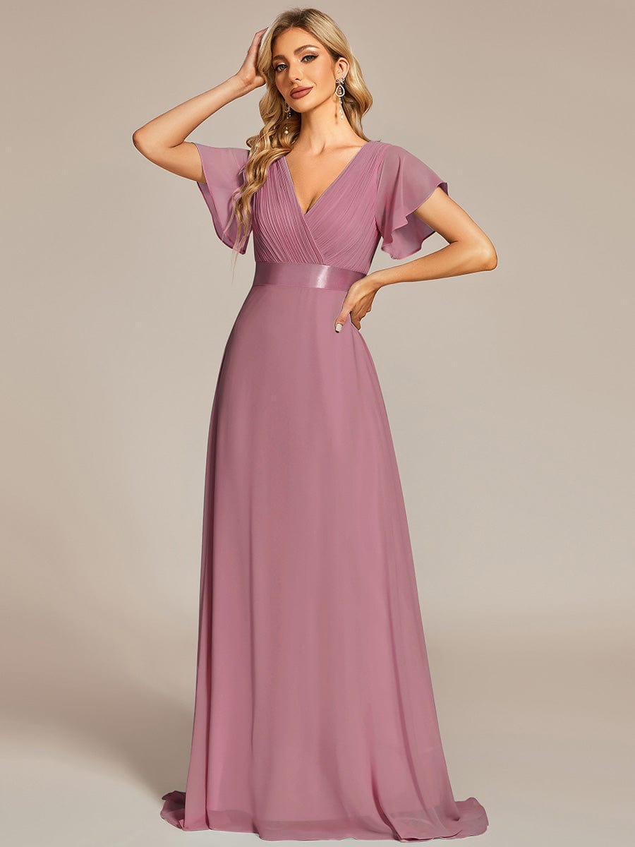 MsDresslyEP Formal Dress Long Empire Waist Bridesmaid Dress with Short Flutter Sleeves