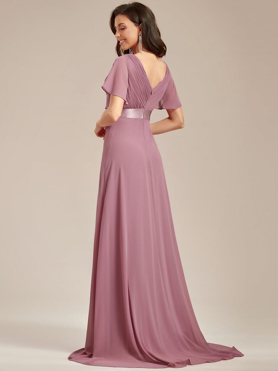 MsDresslyEP Formal Dress Long Empire Waist Bridesmaid Dress with Short Flutter Sleeves