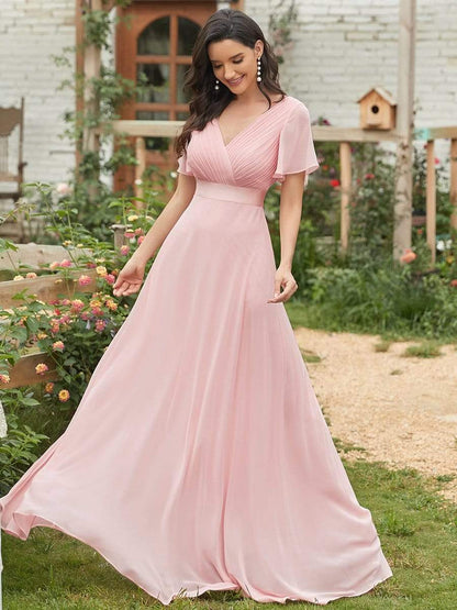 MsDresslyEP Formal Dress Long Empire Waist Bridesmaid Dress with Short Flutter Sleeves