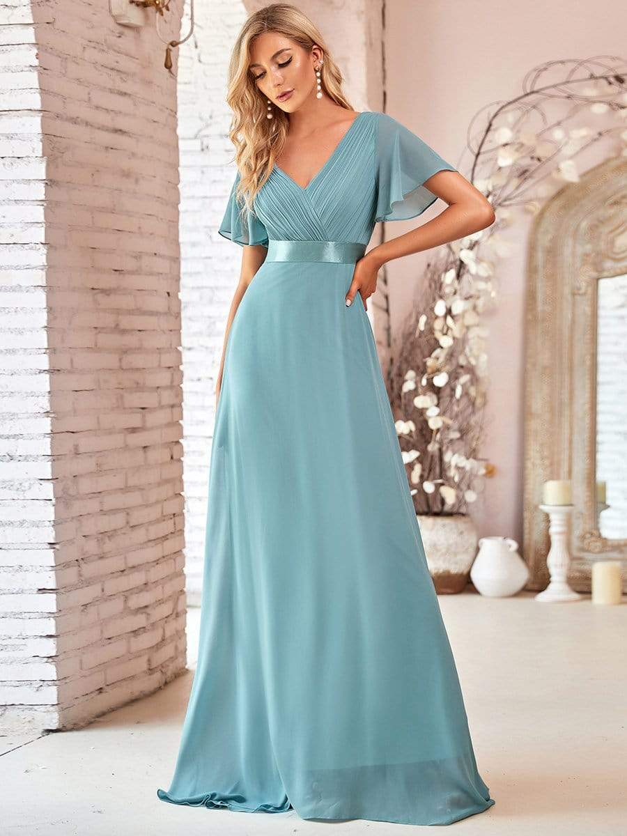 MsDresslyEP Formal Dress Long Empire Waist Bridesmaid Dress with Short Flutter Sleeves