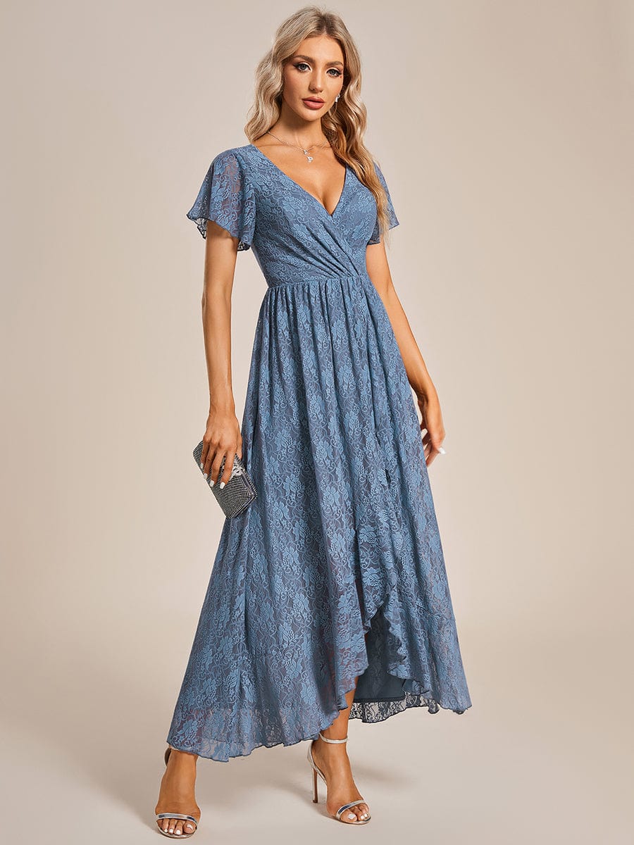 MsDresslyEP Formal Dress Pleated V-Neck Short Sleeve Ruffled Lace Evening Dress DRE230972515DNV4