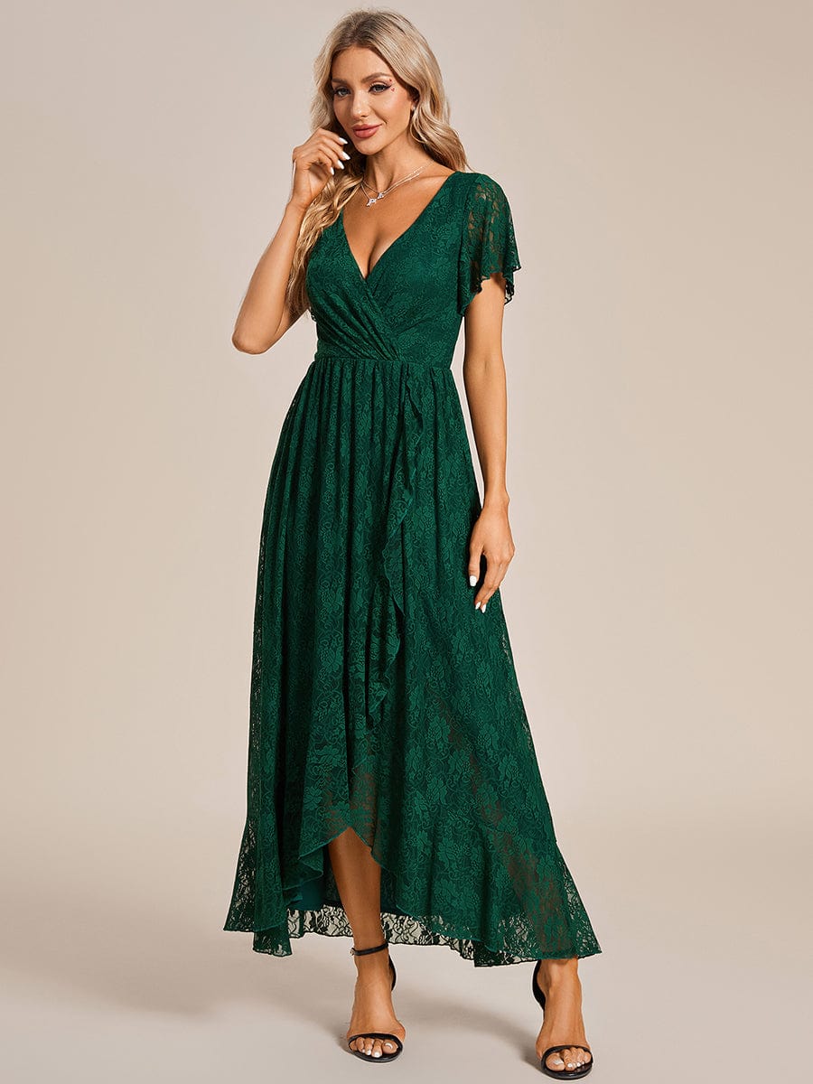 MsDresslyEP Formal Dress Pleated V-Neck Short Sleeve Ruffled Lace Evening Dress DRE230972565DGV4