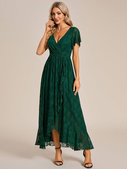 MsDresslyEP Formal Dress Pleated V-Neck Short Sleeve Ruffled Lace Evening Dress DRE230972565DGV4