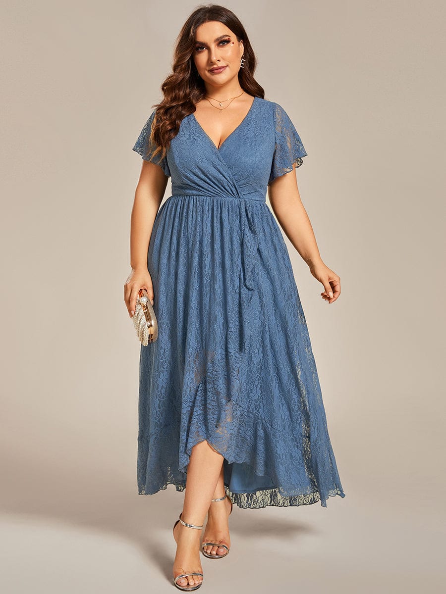 MsDresslyEP Formal Dress Pleated V-Neck Short Sleeve Ruffled Lace Evening Dress