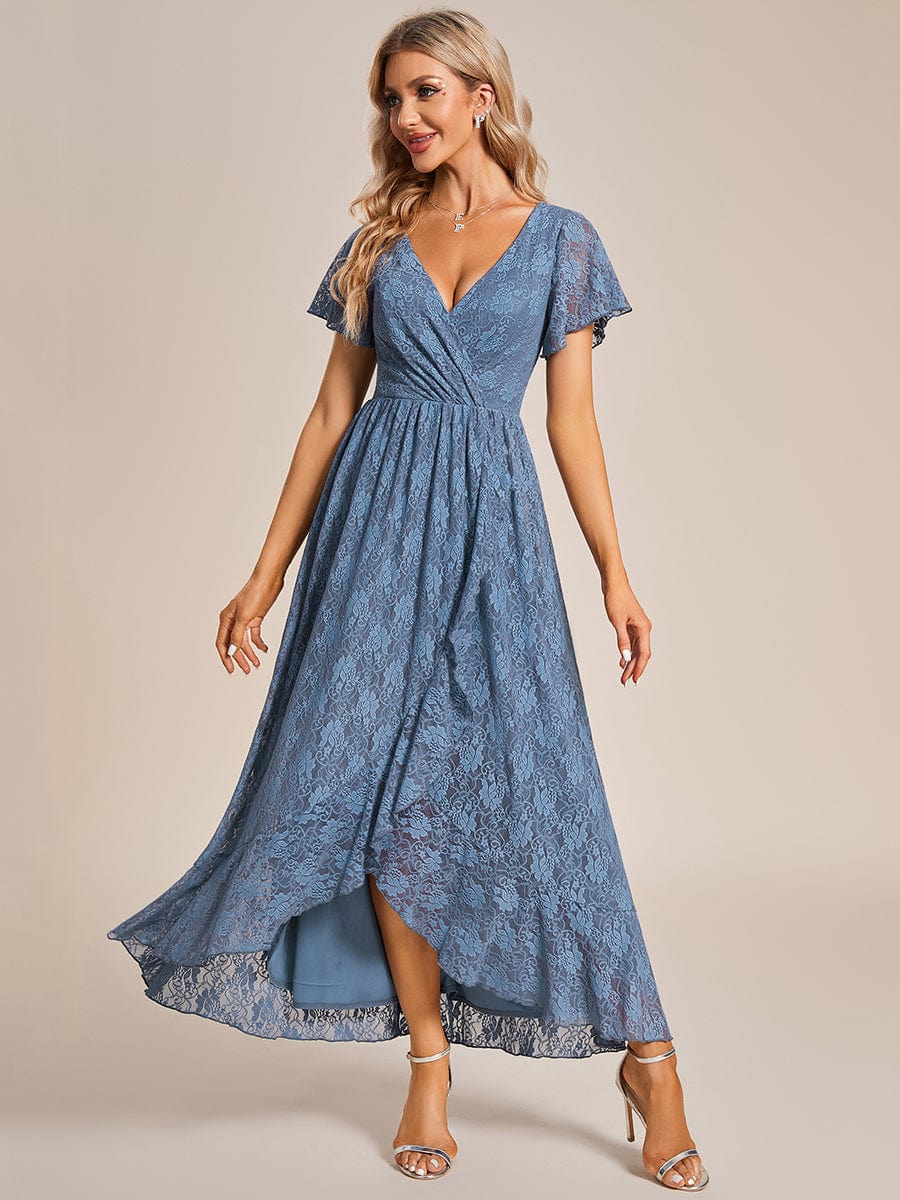 MsDresslyEP Formal Dress Pleated V-Neck Short Sleeve Ruffled Lace Evening Dress
