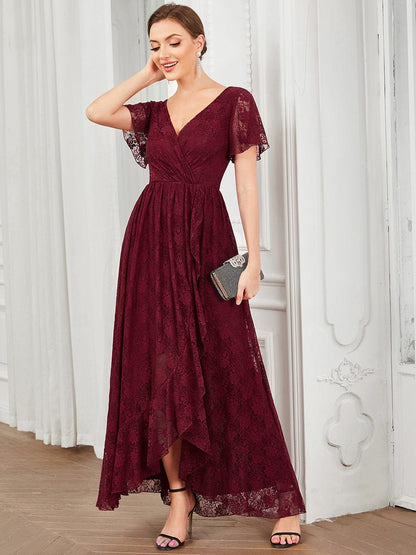 MsDresslyEP Formal Dress Pleated V-Neck Short Sleeve Ruffled Lace Evening Dress
