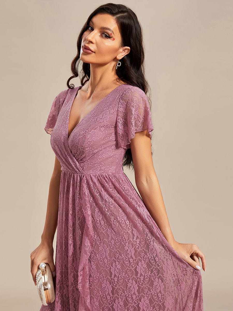 MsDresslyEP Formal Dress Pleated V-Neck Short Sleeve Ruffled Lace Evening Dress