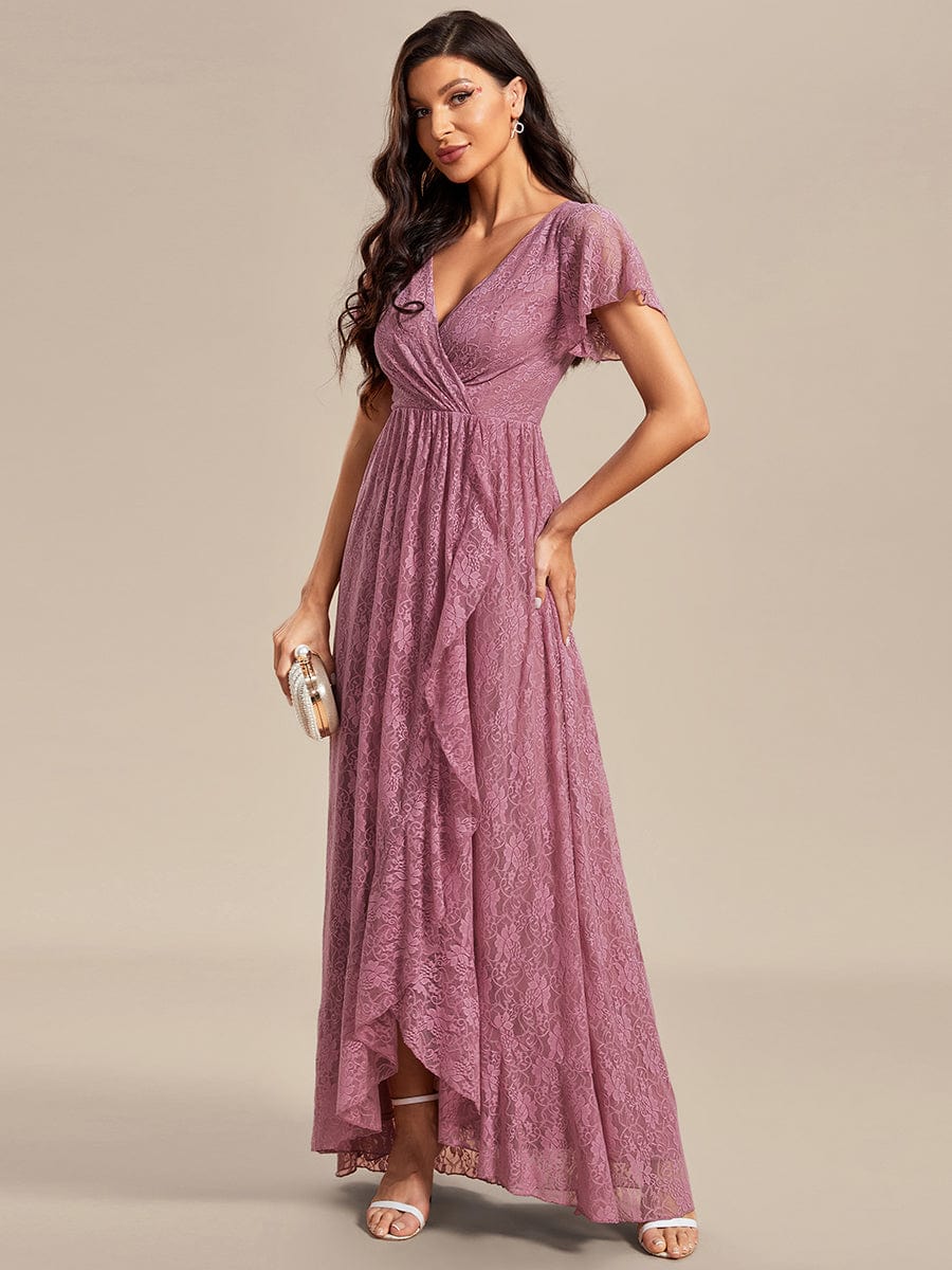 MsDresslyEP Formal Dress Pleated V-Neck Short Sleeve Ruffled Lace Evening Dress